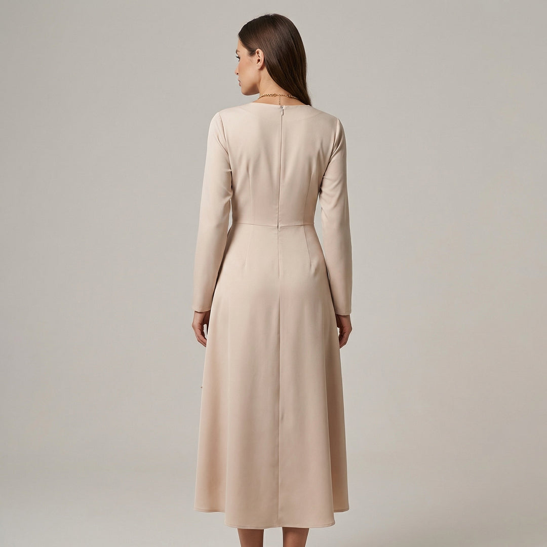 Abito Midi Donna Manica Lunga Affusolato Scollo V Spacco