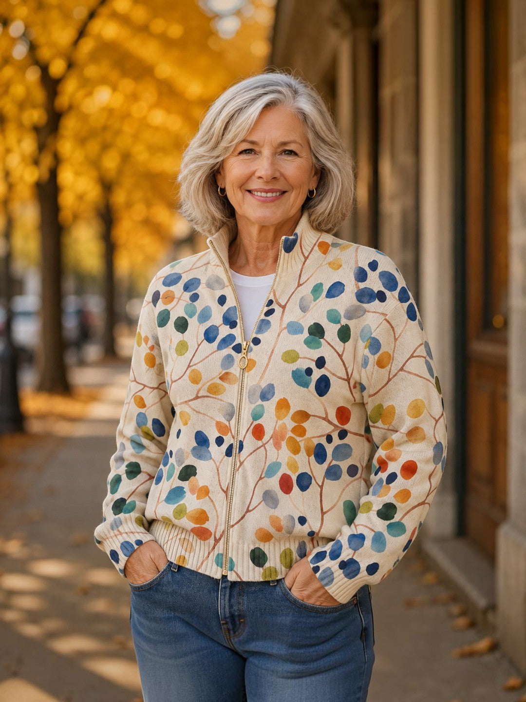 Anja™ | Cardigan con motivo fogliare colorato