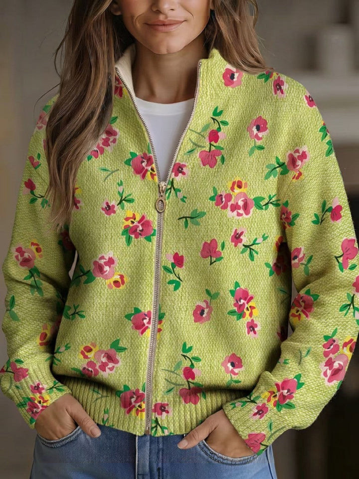 Elke™ | Cardigan a maglia verde con motivo floreale