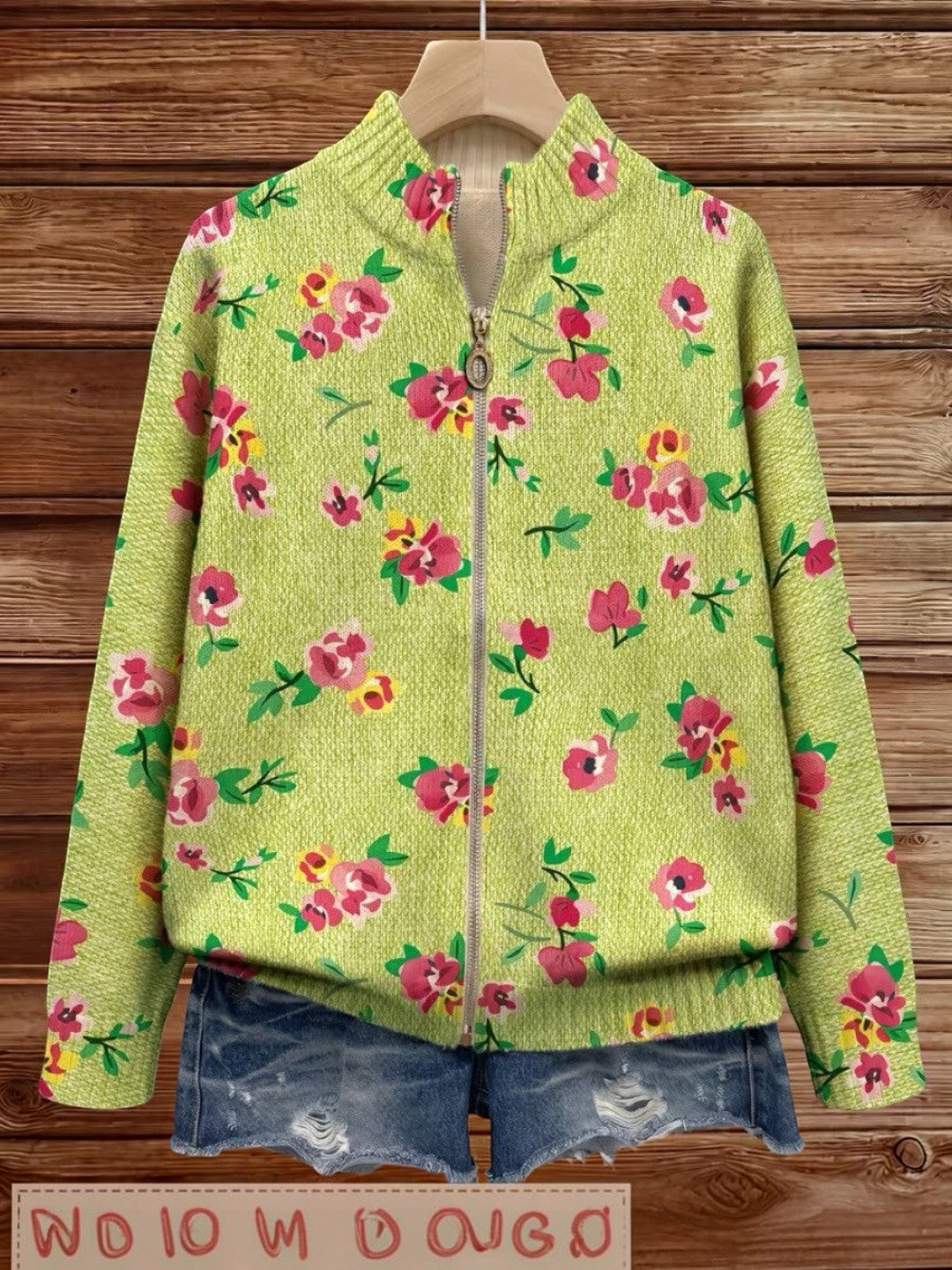 Elke™ | Cardigan a maglia verde con motivo floreale