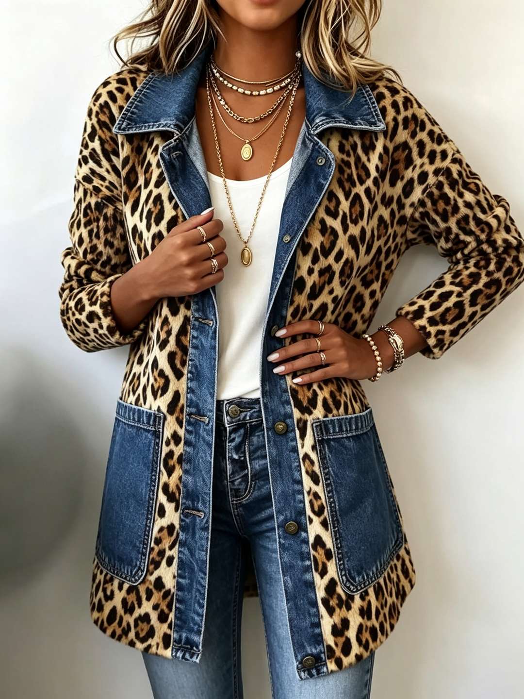 Nora - Giacca Lunga con Inserto in Denim Leopardato