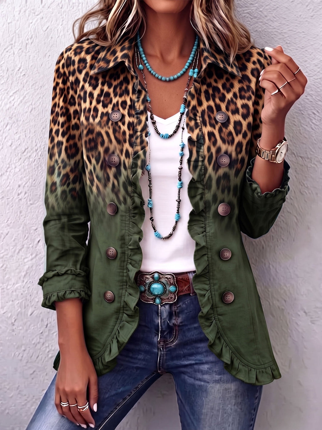 Emma - Blazer con Volant e Stampa Leopardata Sfumata