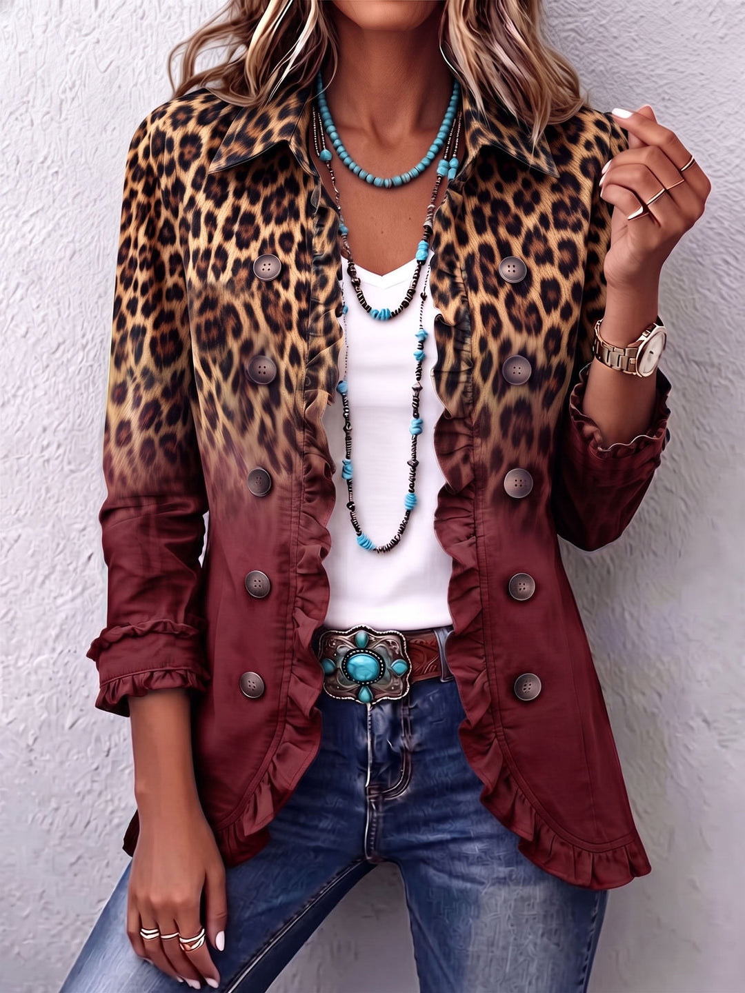 Emma - Blazer con Volant e Stampa Leopardata Sfumata