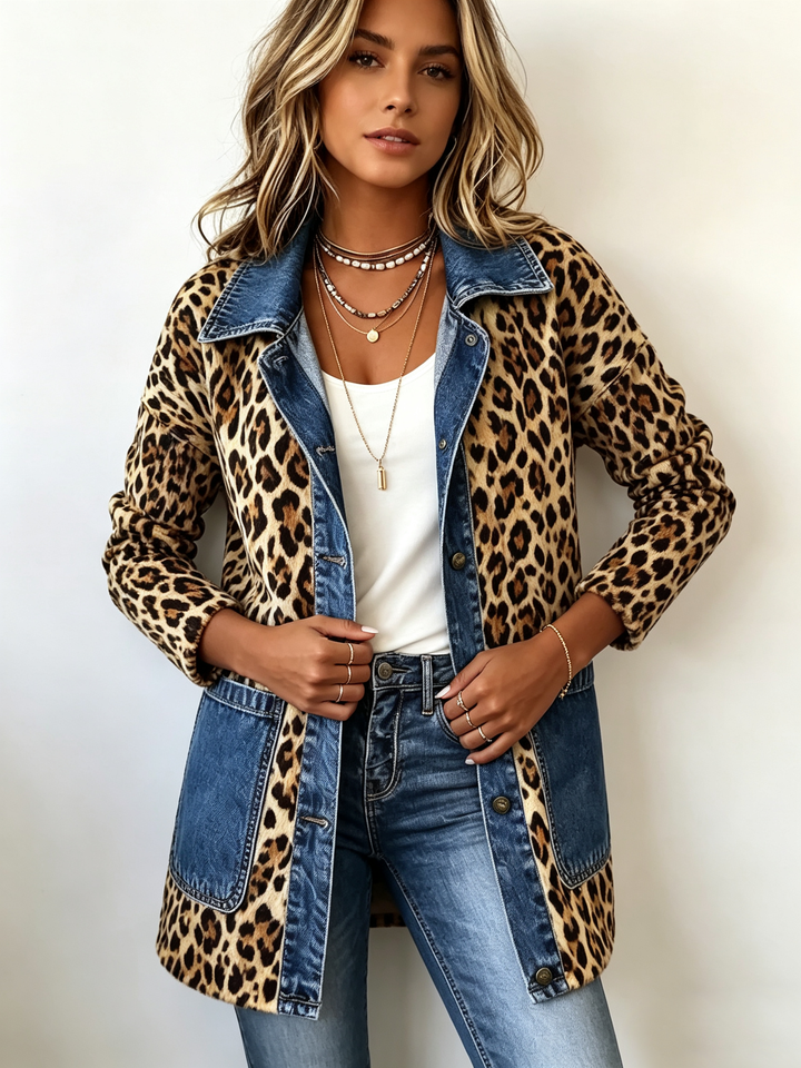 Nora - Giacca Lunga con Inserto in Denim Leopardato