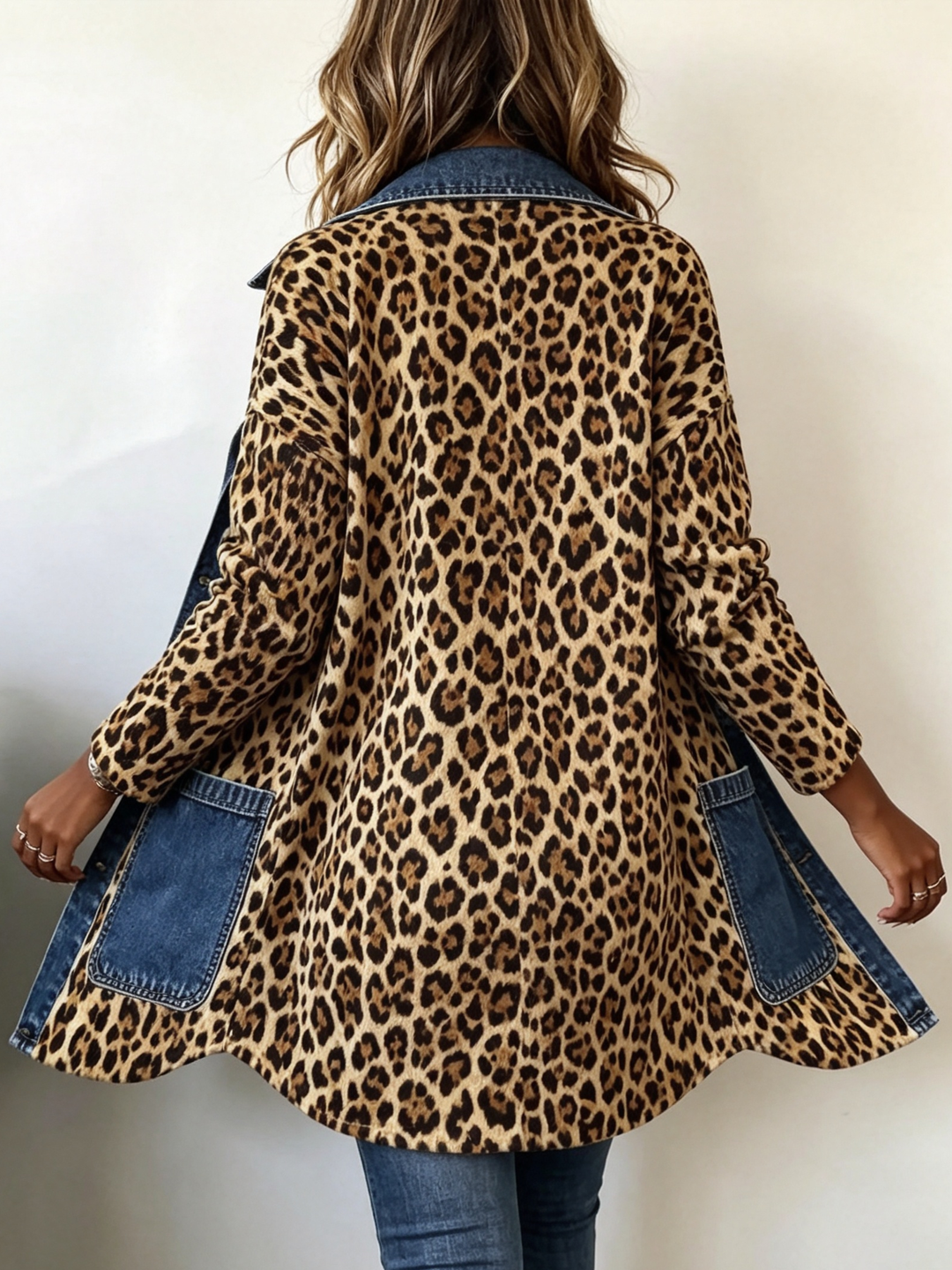 Nora - Giacca Lunga con Inserto in Denim Leopardato