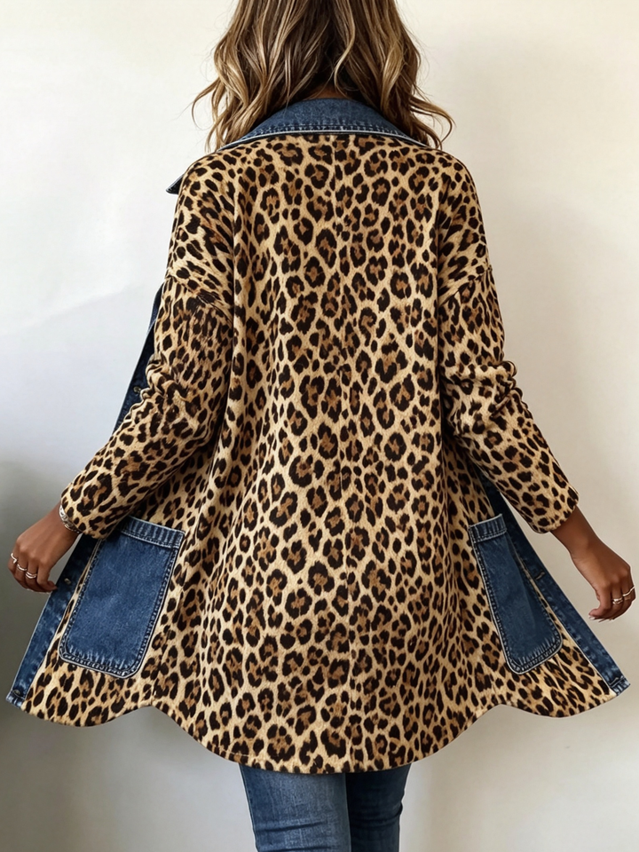 Nora - Giacca Lunga con Inserto in Denim Leopardato