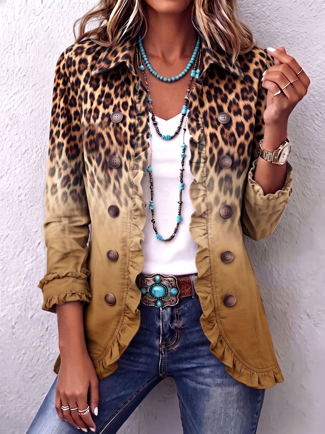 Emma - Blazer con Volant e Stampa Leopardata Sfumata