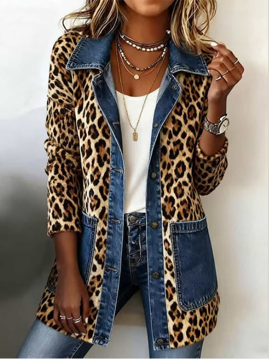 Nora - Giacca Lunga con Inserto in Denim Leopardato