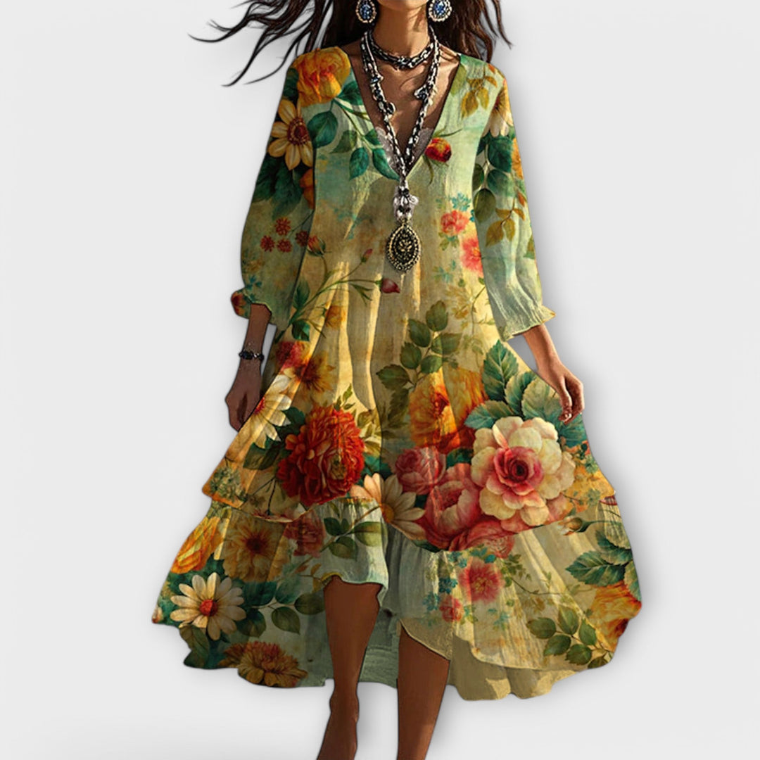 Marina - Vestito V-Neck con Motivo Floreale Vintage Boho