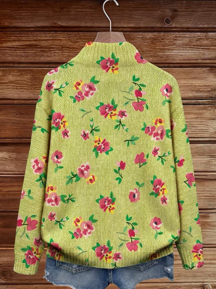 Elke™ | Cardigan a maglia verde con motivo floreale